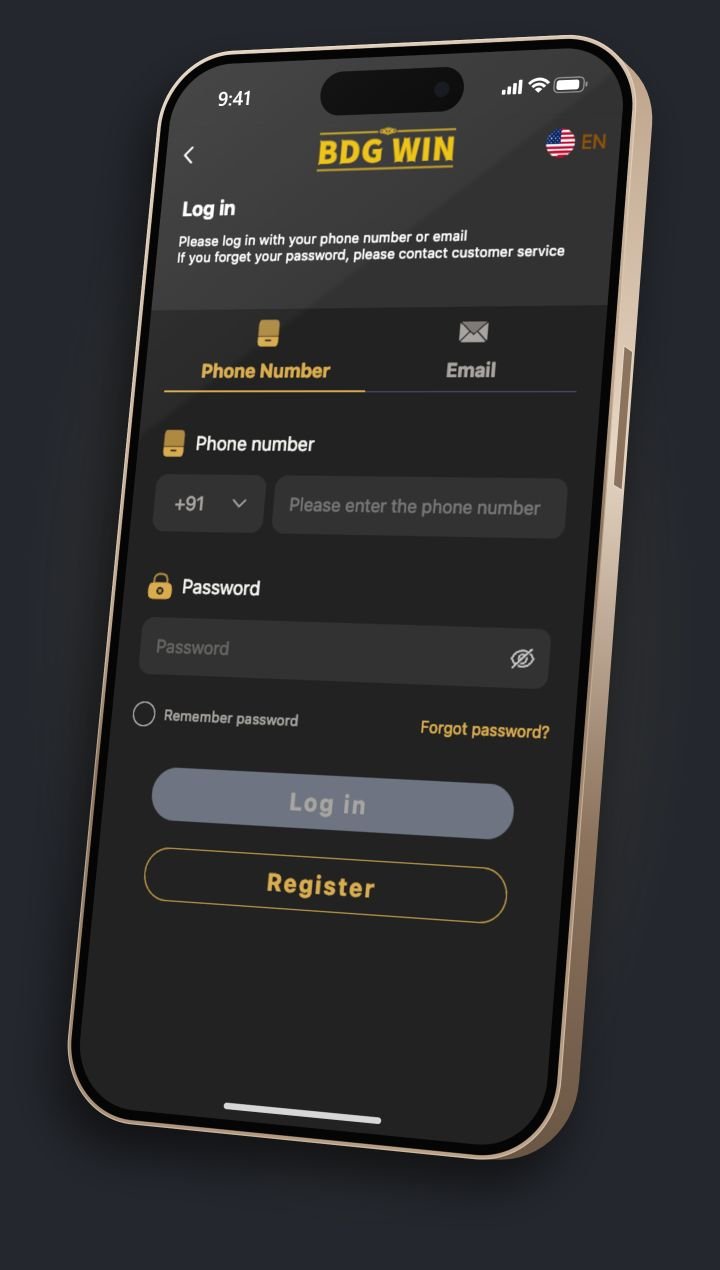 BDG Game login screen on an iPhone: +91 mobile number, password and a Forgot password link